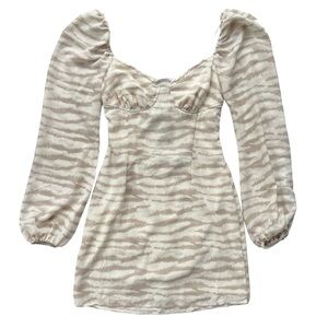Blue Blush Women’s Sz Small Tan Cream Zebra Print Long Balloon Sleeve Mini Dress